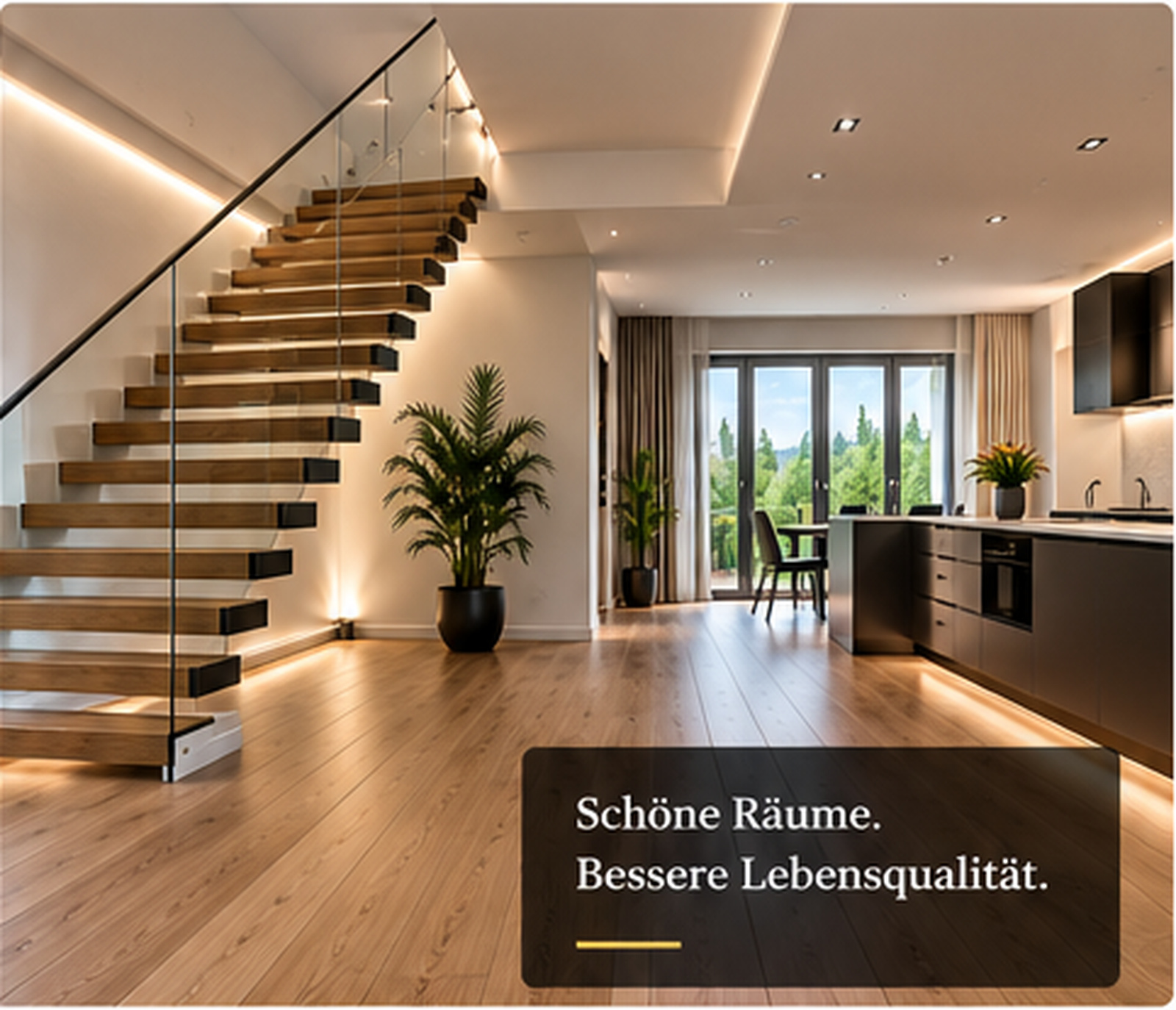 Moderner Innenausbau mit Parkett und Treppe